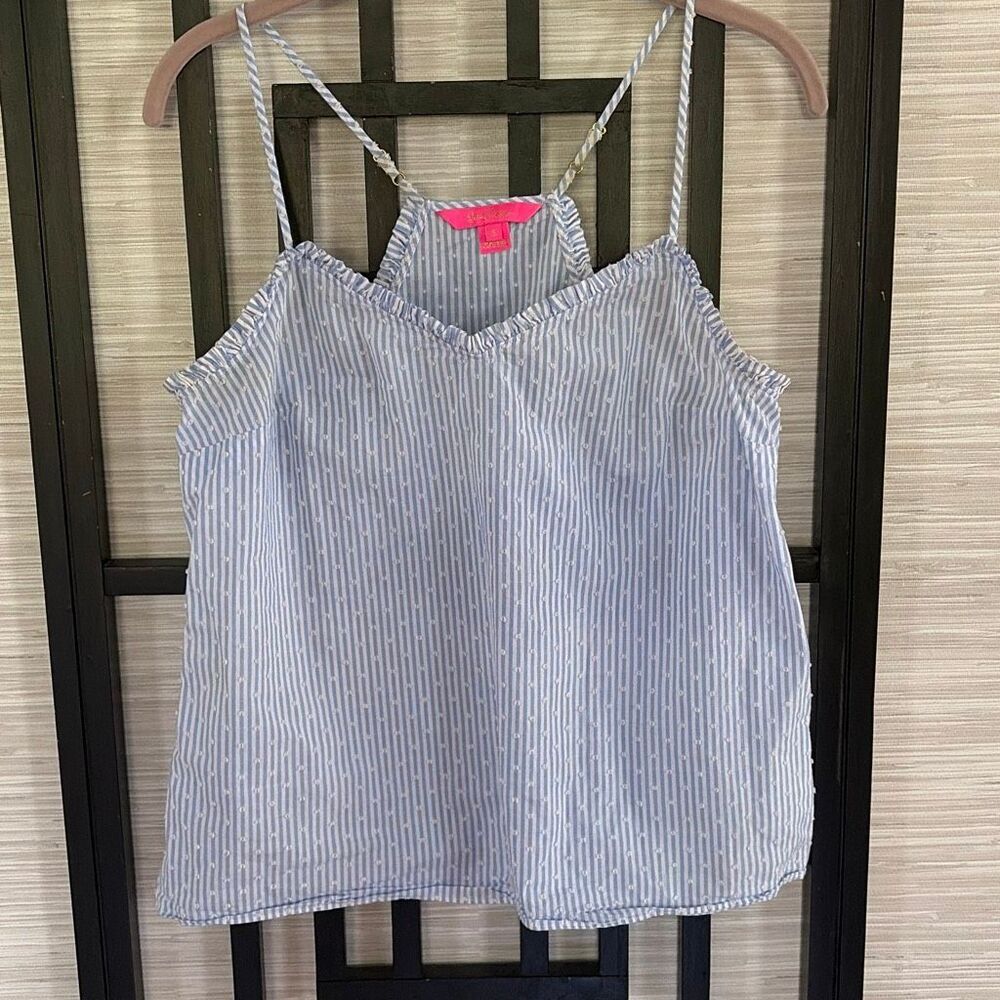 Lilly Pulitzer blue and white striped gingham flocked polkadot tank top. Size S
